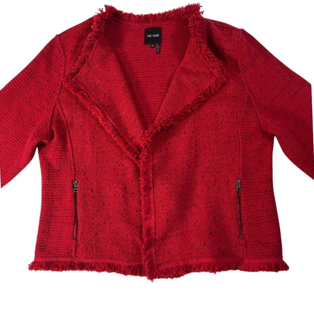 Red Tweed Moto Open Front Jacket XL Fringe Raw Edge Asymmetrical Zip Textured